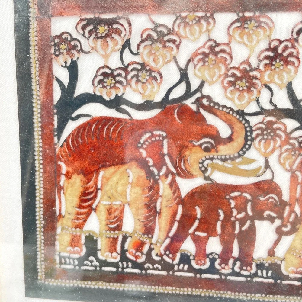 Thai Nang Yai Leather Shadow Puppet Art Framed Elephants Monkey Gold 12x9